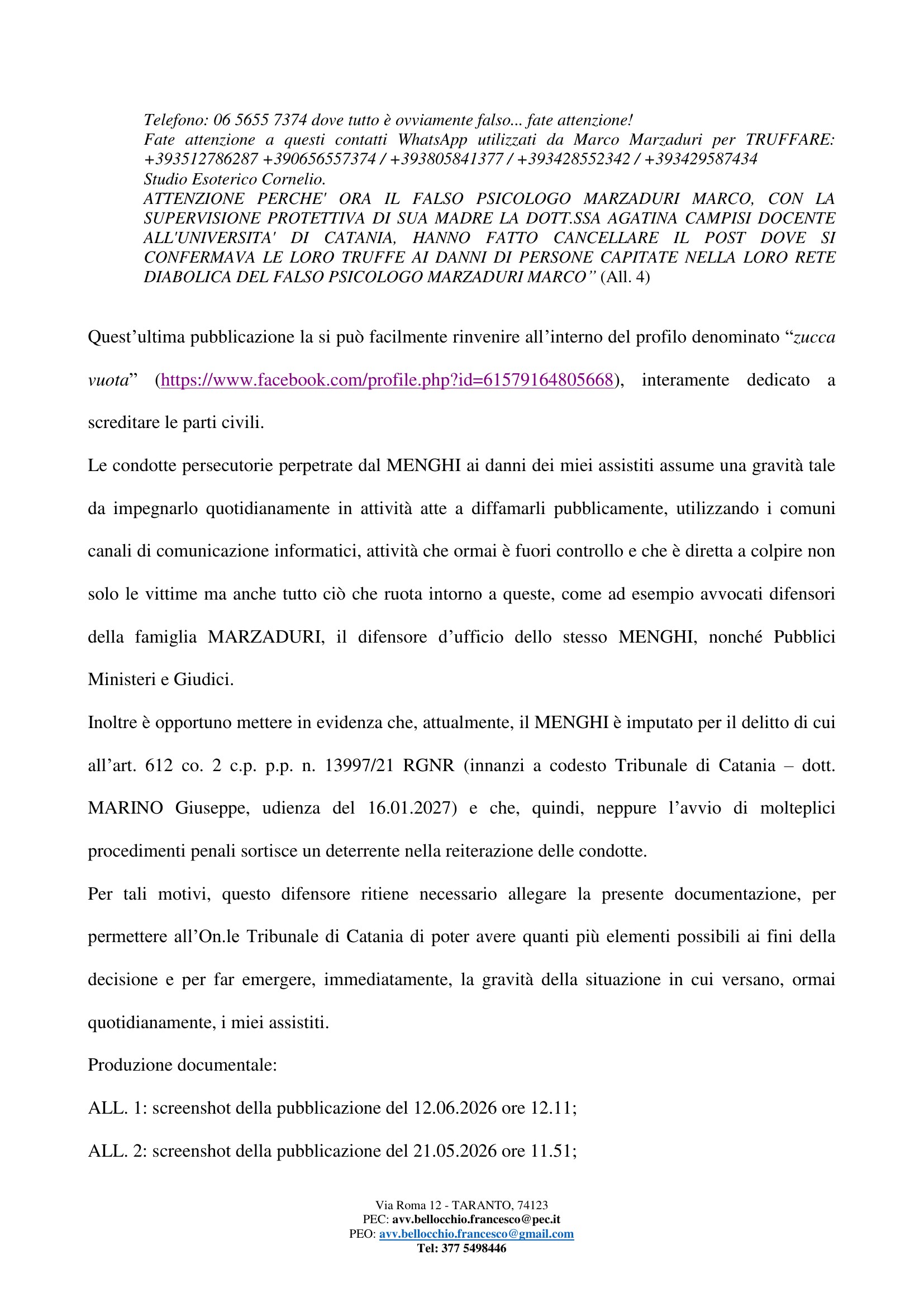 Profilo «Zucca Vuota» + udienza 16/01/2027