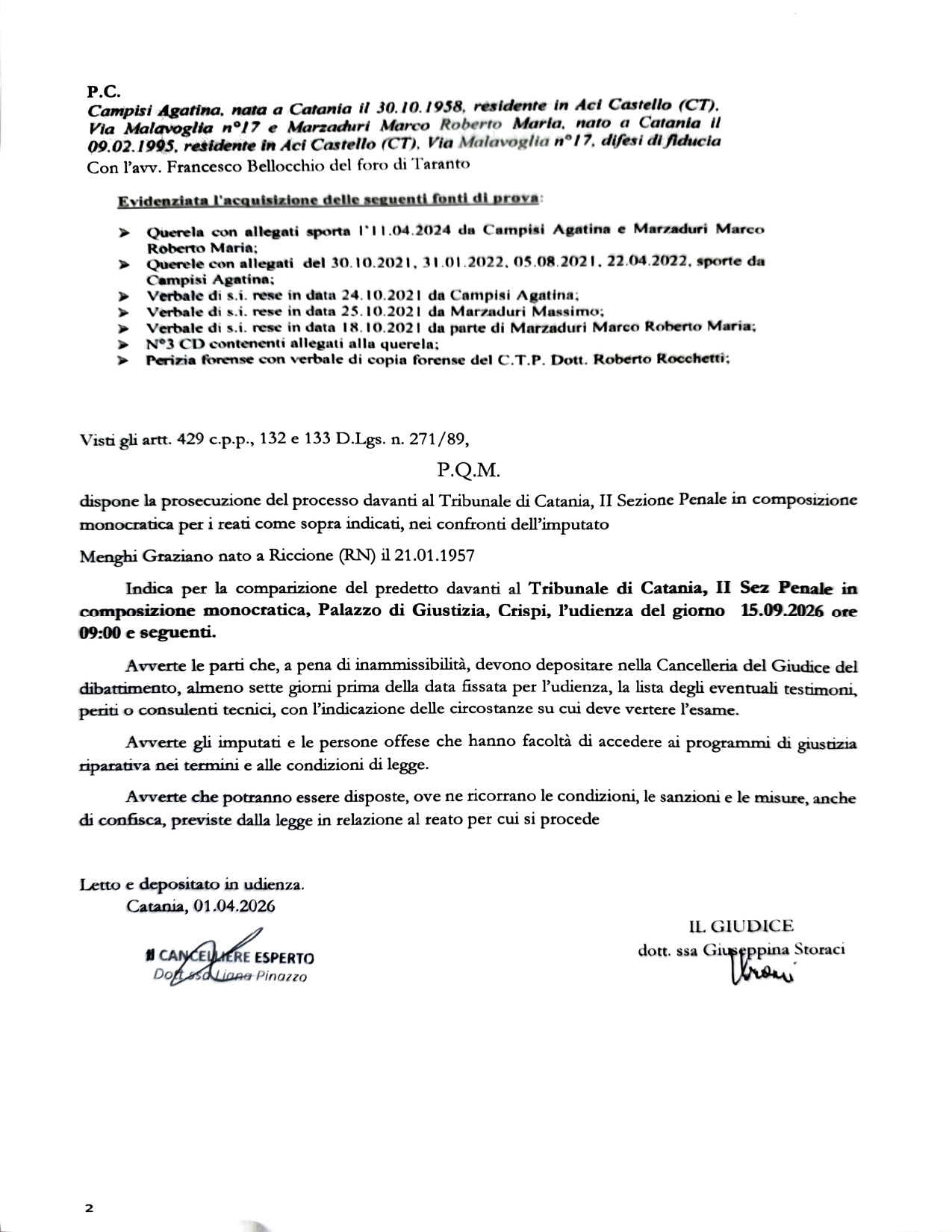 Anteprima: P.Q.M. e fissazione dell'udienza