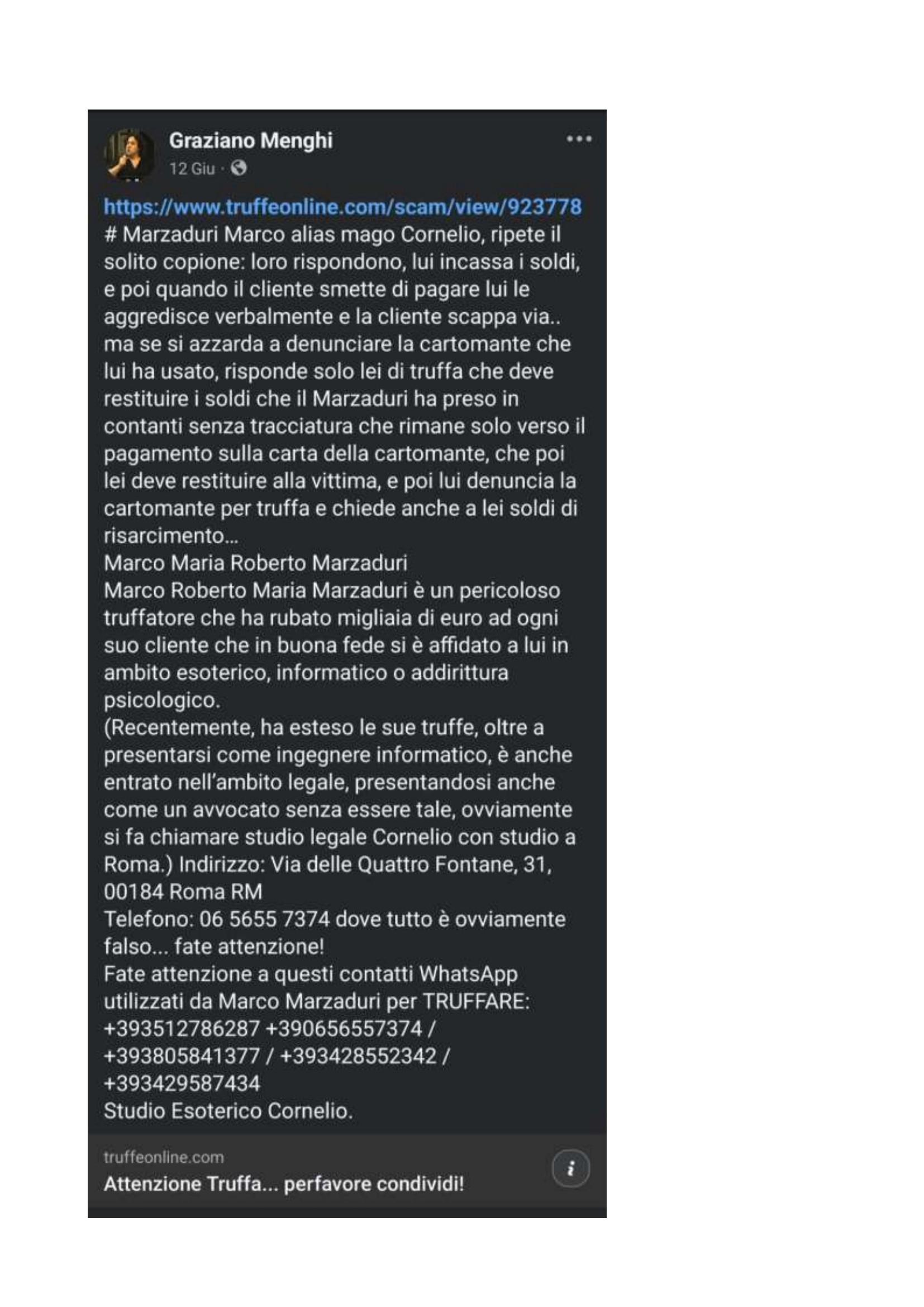 «Pericoloso truffatore» con link a truffeonline.com