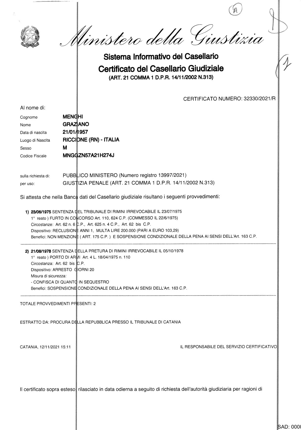 Casellario giudiziale di Graziano Menghi, pagina 1